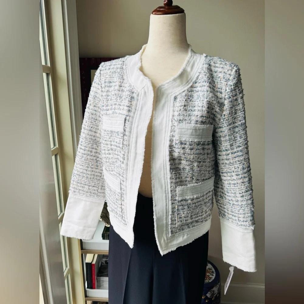 Nanette Lepore Tweed Blazer in White and Blue - Picture 2 of 8